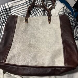 Brown and Cream Tote Bag - Myra cowhide shoulder bag